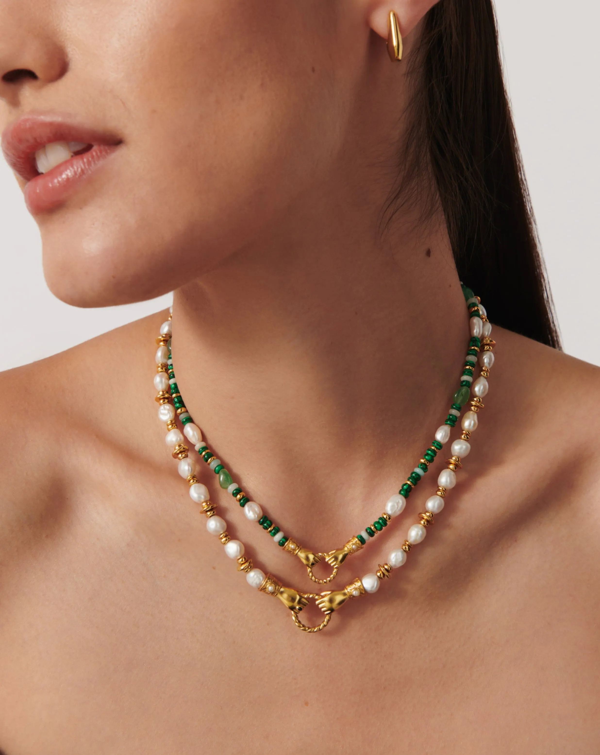 Harris Reed In Good Hands Beaded Gemstone Necklace | 18ct Gold Plated/Multi Green Gemstone & Pearl