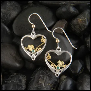 Heart & Shamrock earrings with Emeralds in Silver and Gold