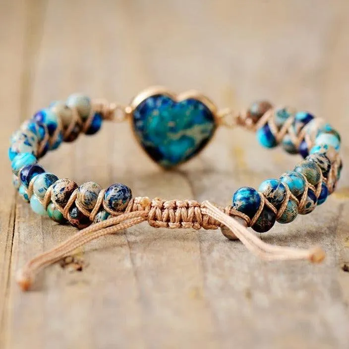 Jasper Heart Charm Braided Bracelet - blue