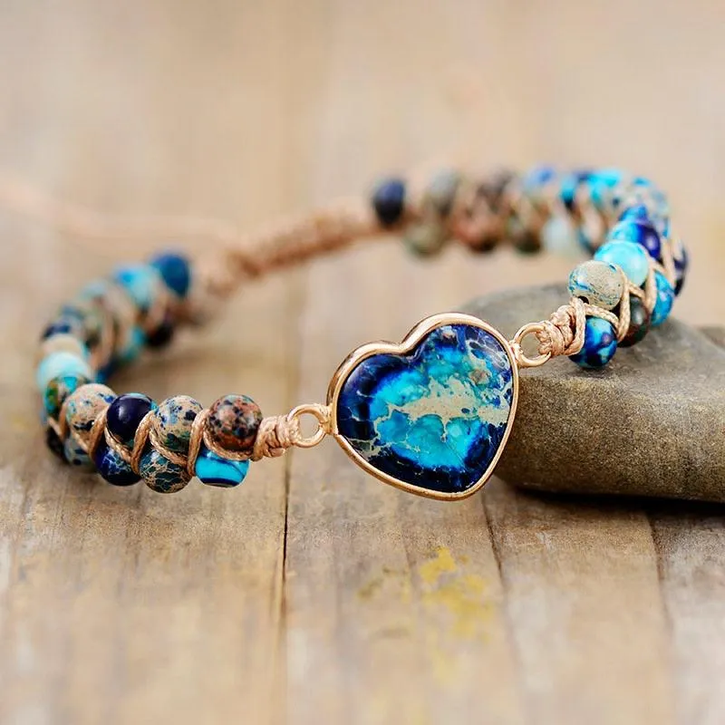 Jasper Heart Charm Braided Bracelet - blue