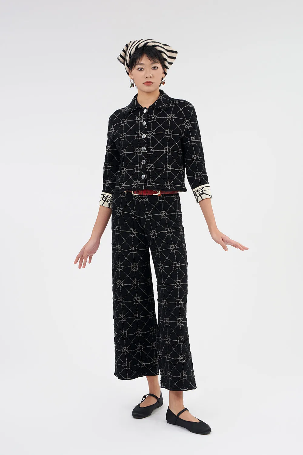 June Shrunken Work Jacket in Black Crinkle Jacquard