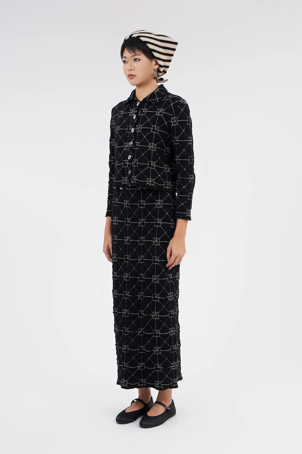 June Shrunken Work Jacket in Black Crinkle Jacquard