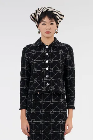 June Shrunken Work Jacket in Black Crinkle Jacquard