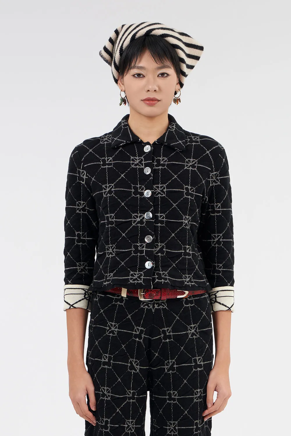 June Shrunken Work Jacket in Black Crinkle Jacquard