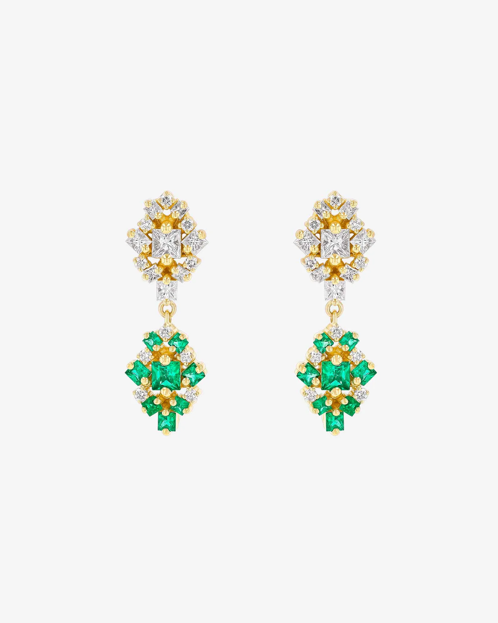 La Fantaisie Double Star Diamond & Emerald Drop Earrings