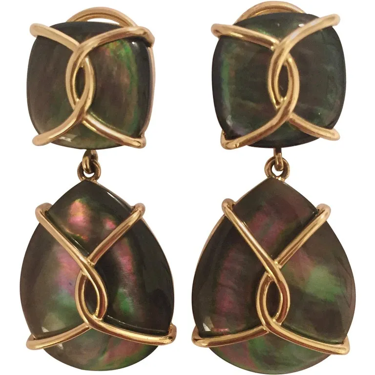 Large 18kt Yellow Gold Onyx Cushion and Pear shaped Drop Earrings with Twisted Gold Detail