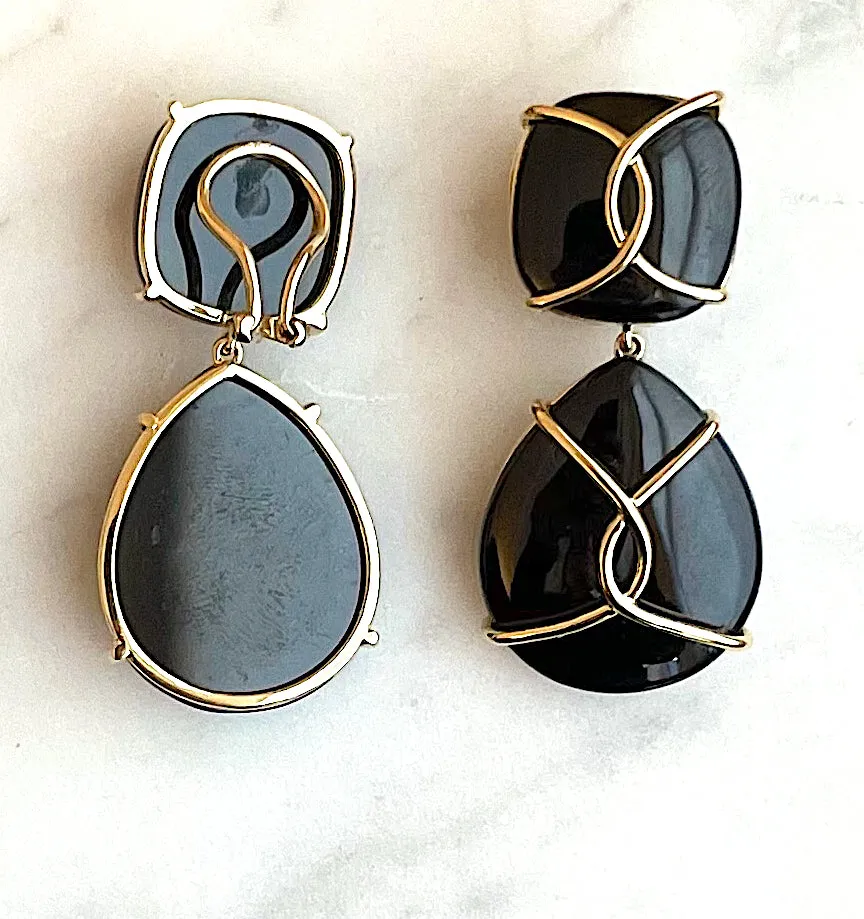 Large 18kt Yellow Gold Onyx Cushion and Pear shaped Drop Earrings with Twisted Gold Detail