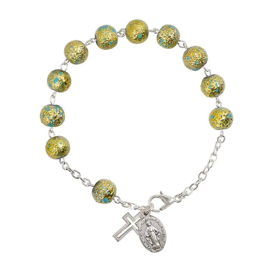 LIGHT BLUE AND GOLD ROSARY BRACELET - GLASS AND METAL