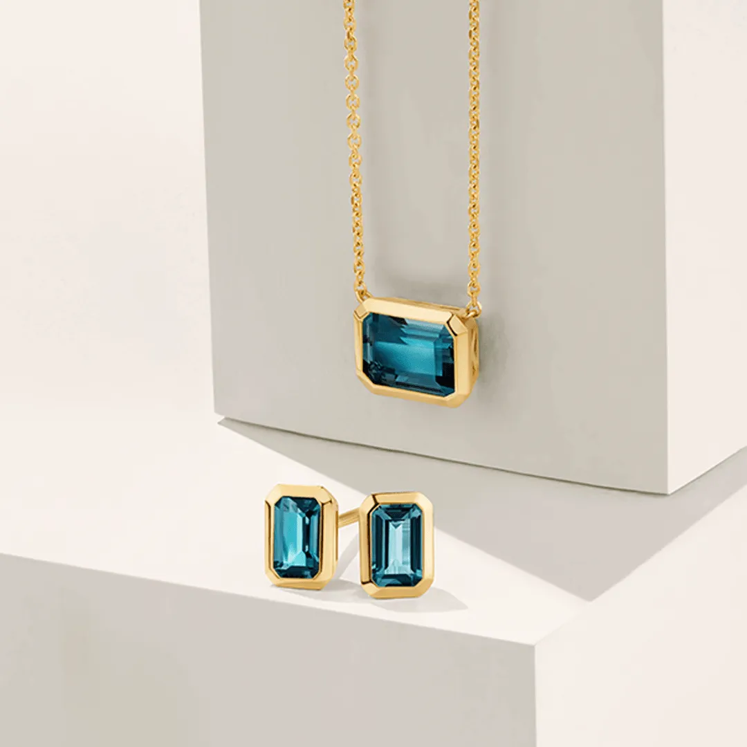 London Blue Topaz Emerald Cut Necklace in 9ct Yellow Gold