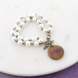 LSU Logo Pearl & Wood Disc Toggle Bracelet