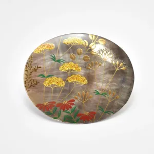 Maki-e Urushi Lacquer Brooch - Black Lip Oyster Pearl Shell / Autumn Flower -, Traditional Japanese Urushi Lacquer Jewelry