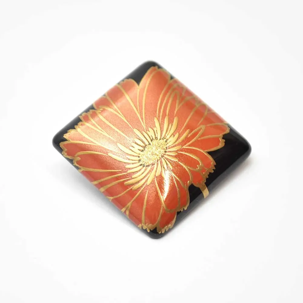 Maki-e Urushi Lacquer Brooch - Katsura(Japanese judas tree) / Gerbera -, Traditional Japanese Urushi Lacquer Jewelry