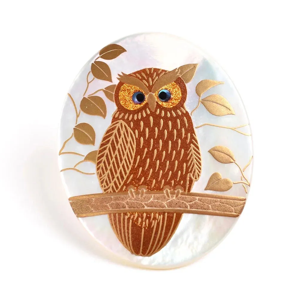 Maki-e Urushi Lacquer Brooch - White South Sea Pearl Shell / Owl -, Traditional Japanese Urushi Lacquer Jewelry