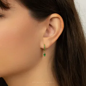 Marquise Emerald CZ Drop Hoop Earrings, Huggies, Unisex, Gold, Silver SHEMISLI SH595