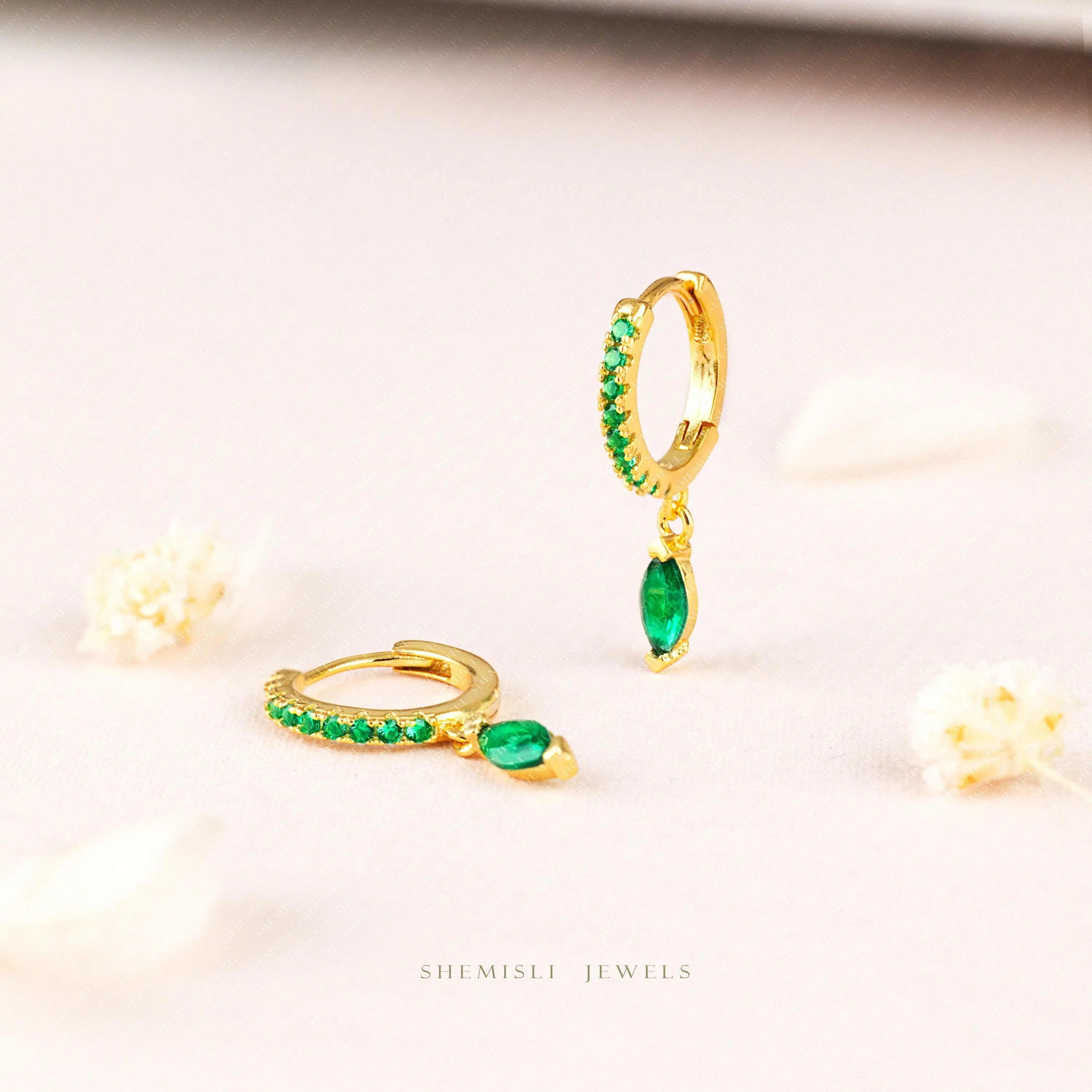 Marquise Emerald CZ Drop Hoop Earrings, Huggies, Unisex, Gold, Silver SHEMISLI SH595