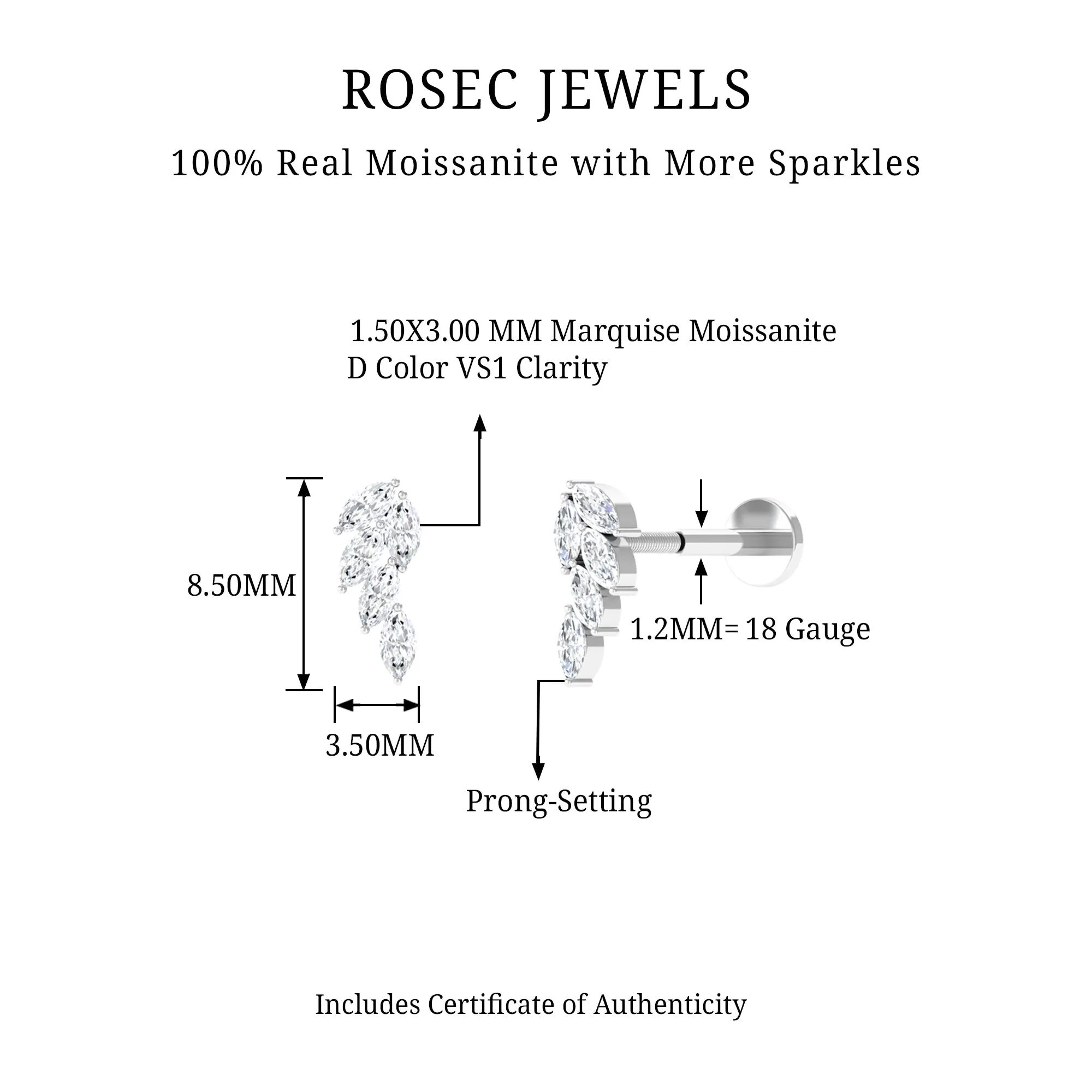 Marquise Moissanite Leaf Earring for Helix Piercing