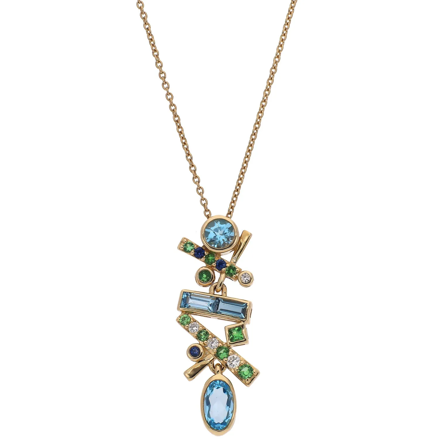 Martha Seely 14K Yellow Gold Falling Stars Pendant with Diamonds, Blue Topaz, Sapphires, and Tsavorite Garnets