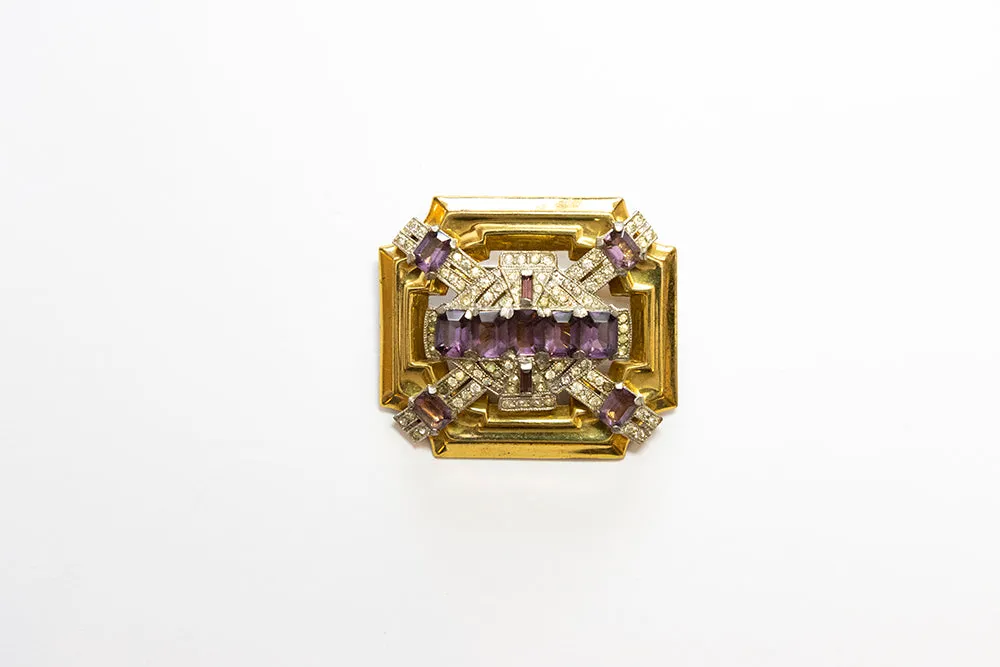 McCLELLAND BARCLAY Art Deco Gold Plated Purple and Clear Stones Square Brooch