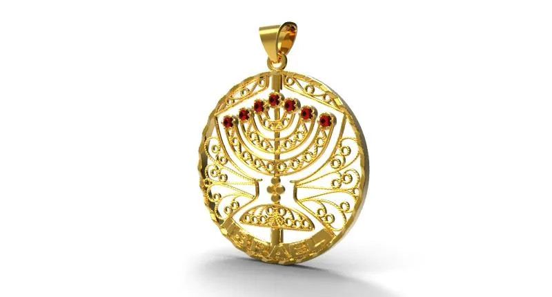 Menorah Pendant Jewish Jewelry Gold, Rubies, Topaz, Spinning