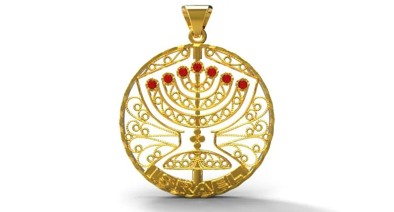 Menorah Pendant Jewish Jewelry Gold, Rubies, Topaz, Spinning