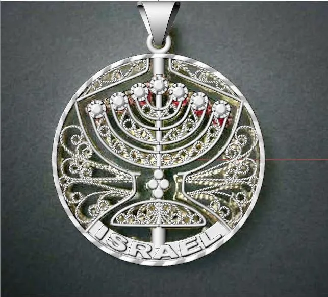 Menorah Pendant Jewish Jewelry Gold, Rubies, Topaz, Spinning