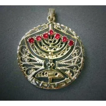 Menorah Pendant Jewish Jewelry Gold, Rubies, Topaz, Spinning