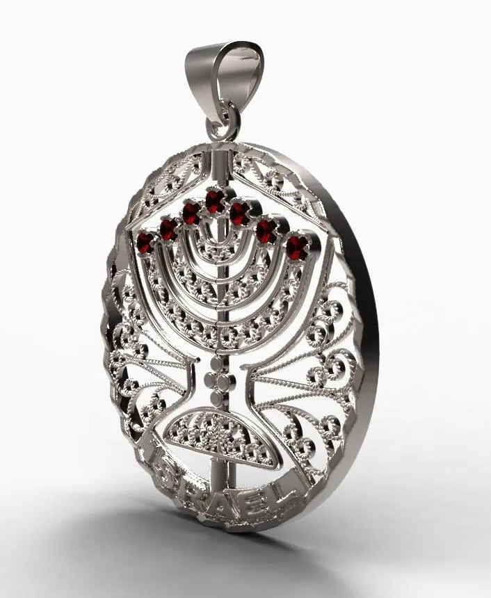 Menorah Pendant Jewish Jewelry Gold, Rubies, Topaz, Spinning