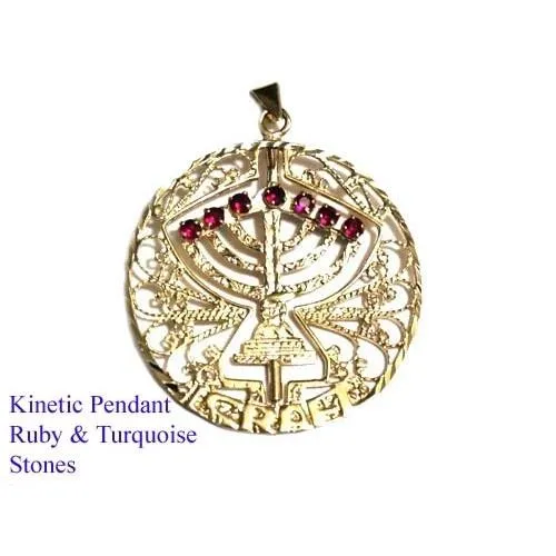 Menorah Pendant Jewish Jewelry Gold, Rubies, Topaz, Spinning