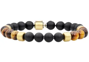 Mens Genuine Onyx And Tiger Eye Gold Stainless Steel Beaded Bracelet