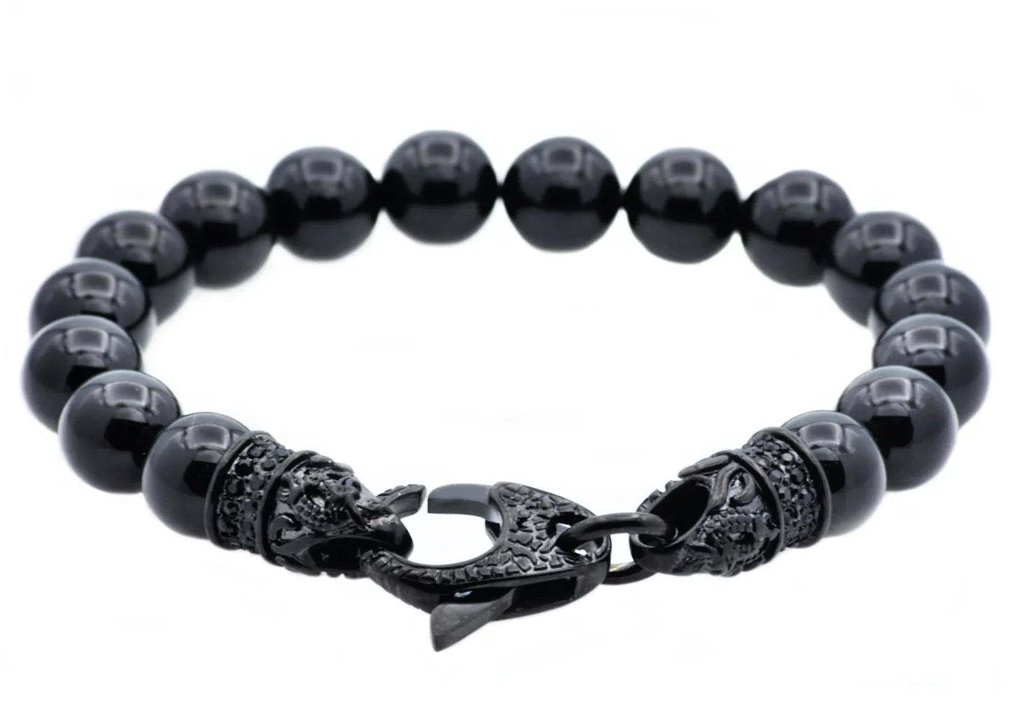 Mens Genuine Onyx Black Stainless Steel Beaded Bracelet With Black Cubic Zirconia