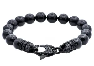 Mens Genuine Onyx Black Stainless Steel Beaded Bracelet With Black Cubic Zirconia