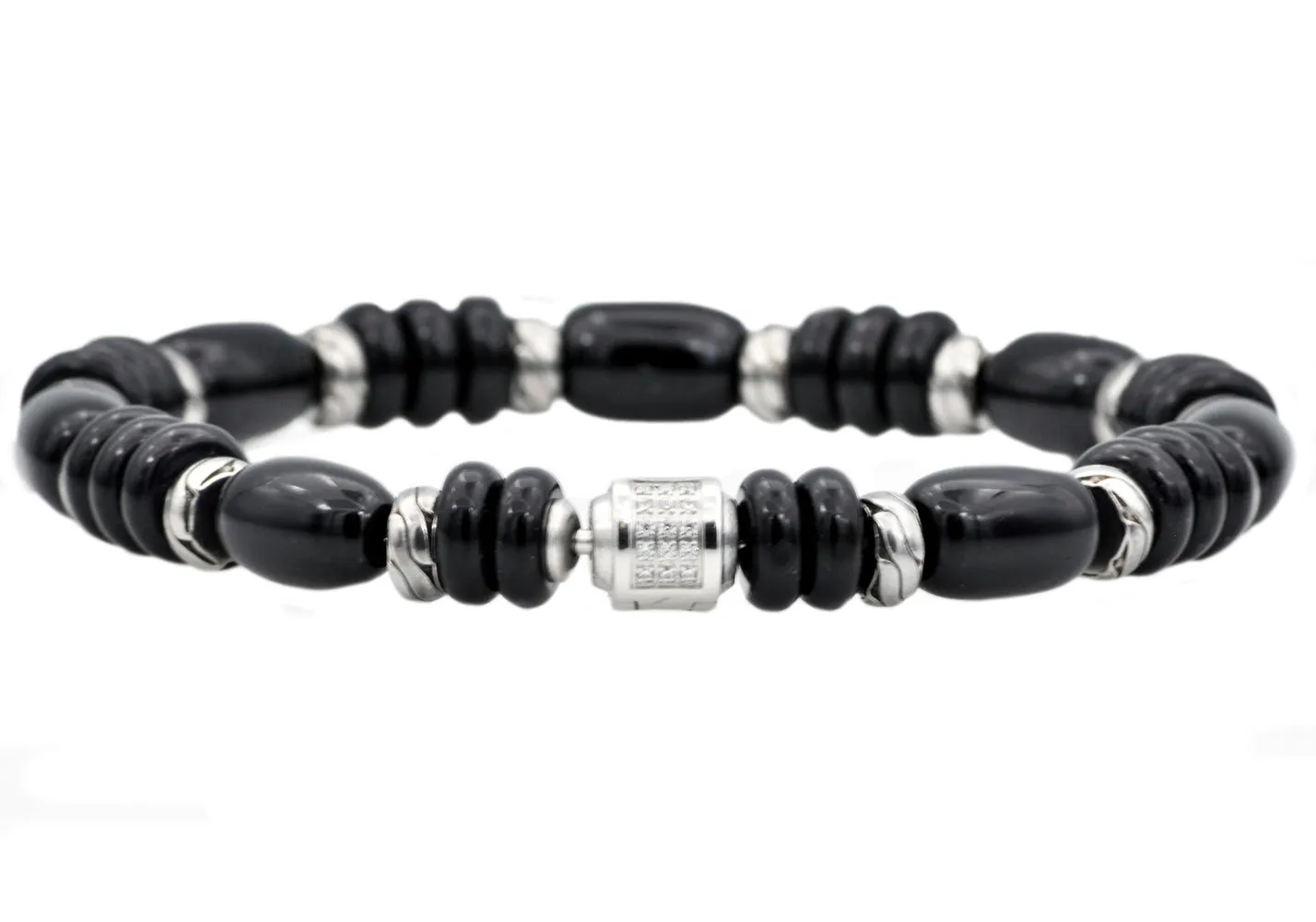 Mens Genuine Onyx Stainless Steel Beaded Bracelet With Cubic Zirconia