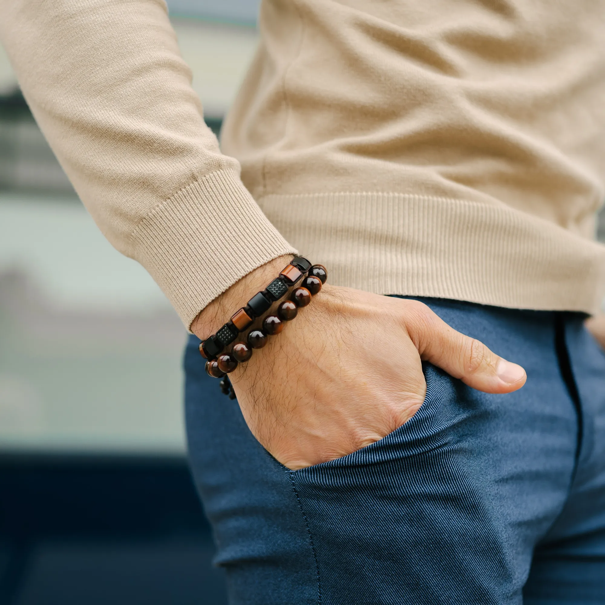 Men's RED TIGER EYE, MATTE ONYX Flat bead Bracelet