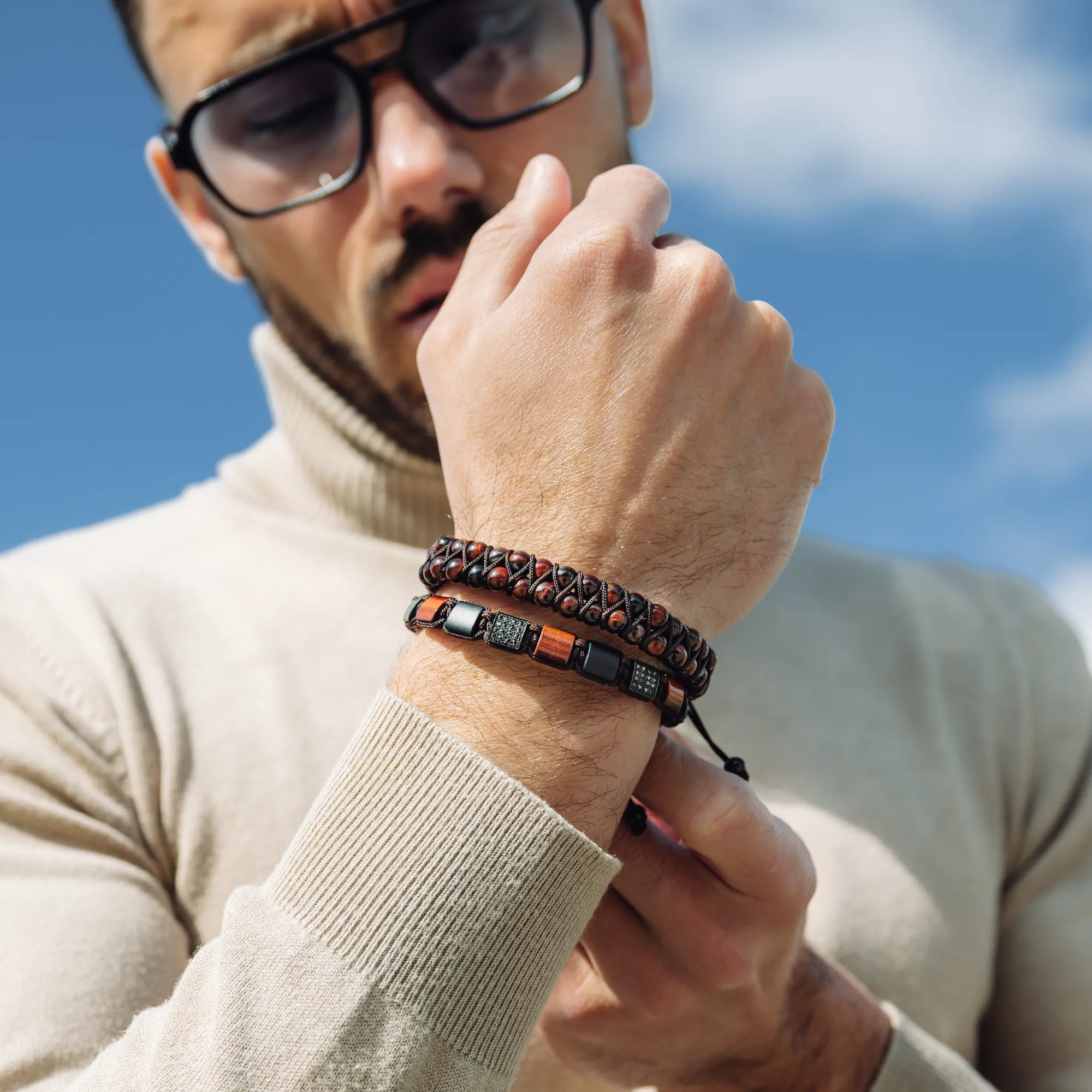 Men's RED TIGER EYE, MATTE ONYX Flat bead Bracelet