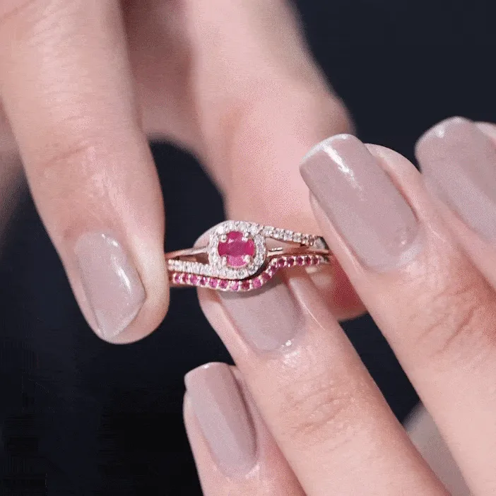 Minimal Bypass Wedding Ring Set with Ruby and Diamond