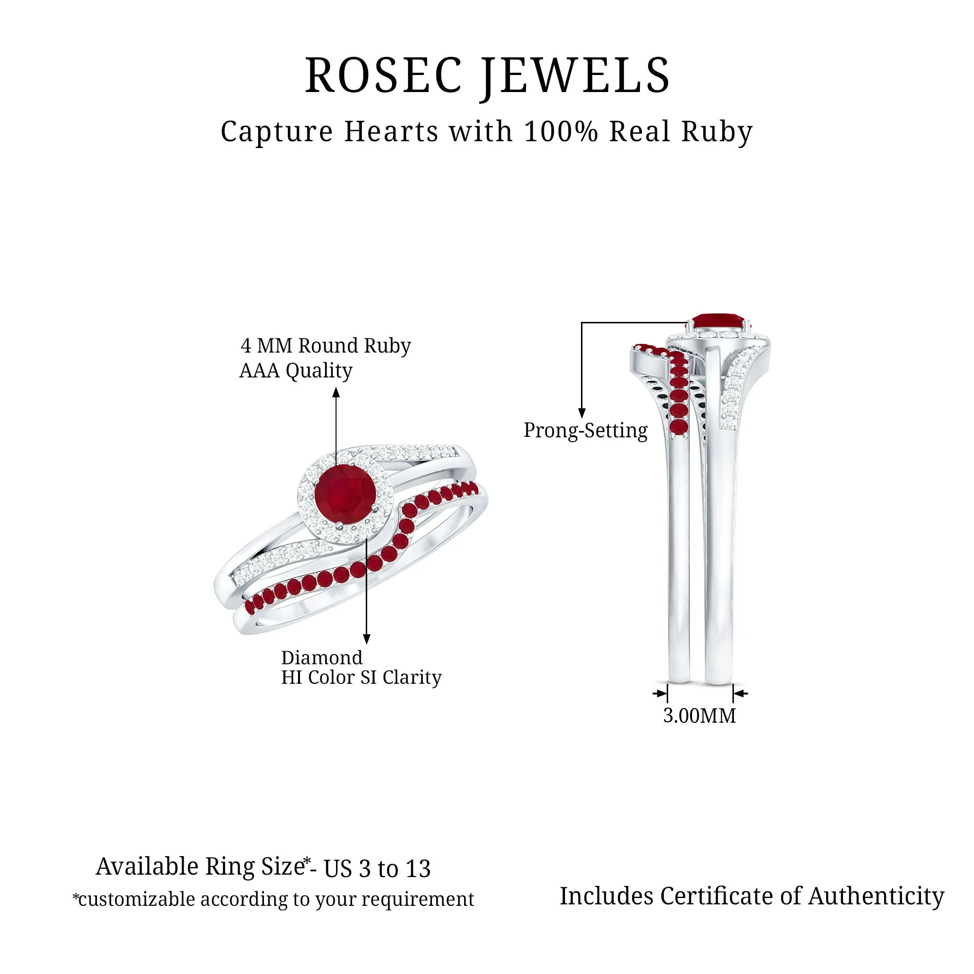 Minimal Bypass Wedding Ring Set with Ruby and Diamond