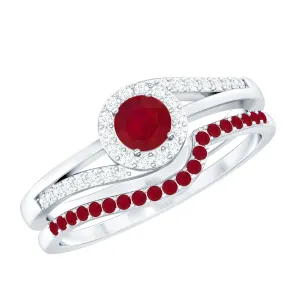 Minimal Bypass Wedding Ring Set with Ruby and Diamond