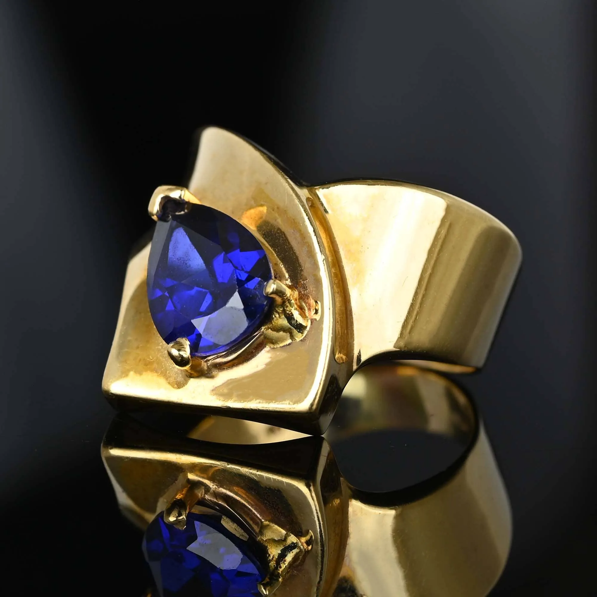 Modernist Wide Gold Cross Over Band Sapphire Ring