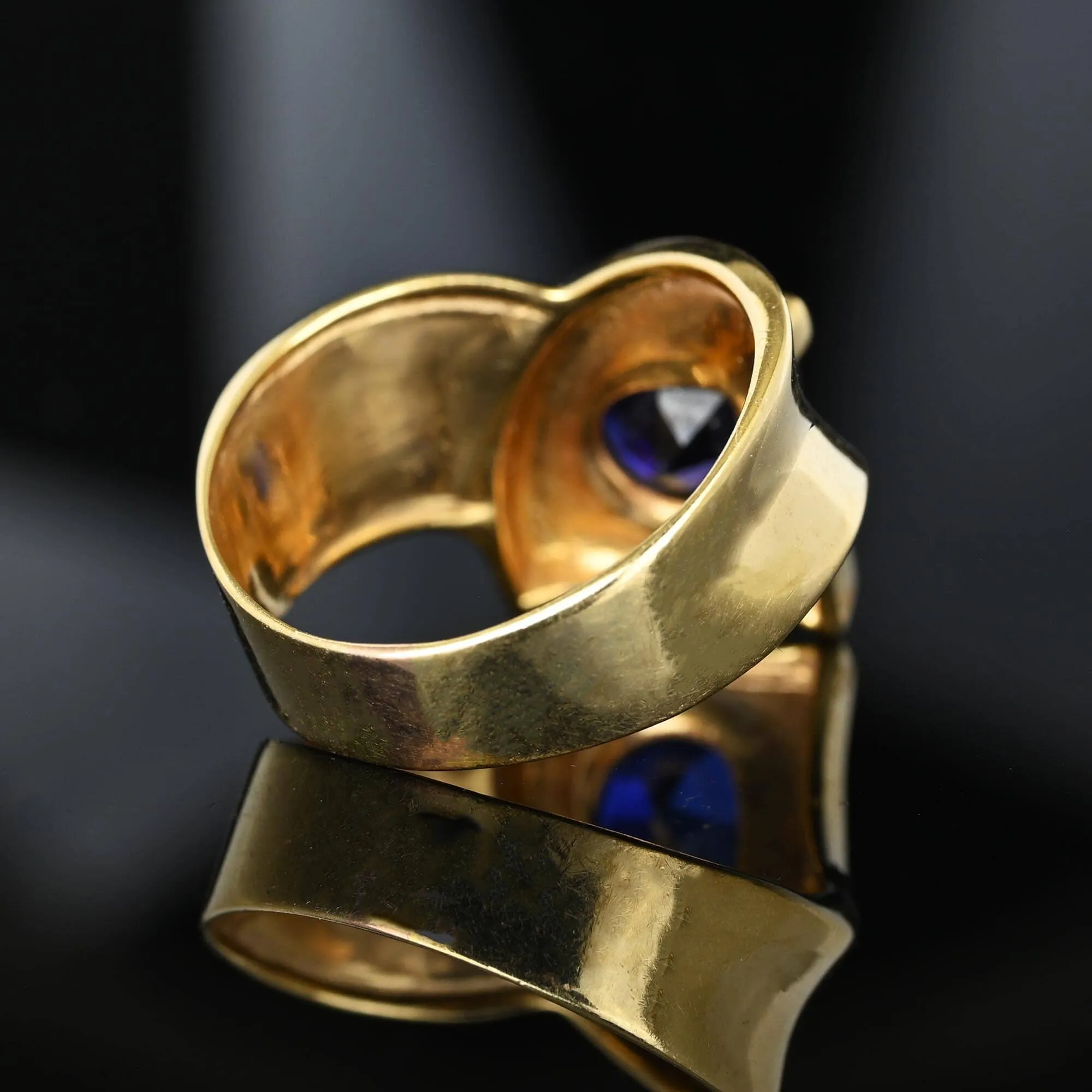 Modernist Wide Gold Cross Over Band Sapphire Ring