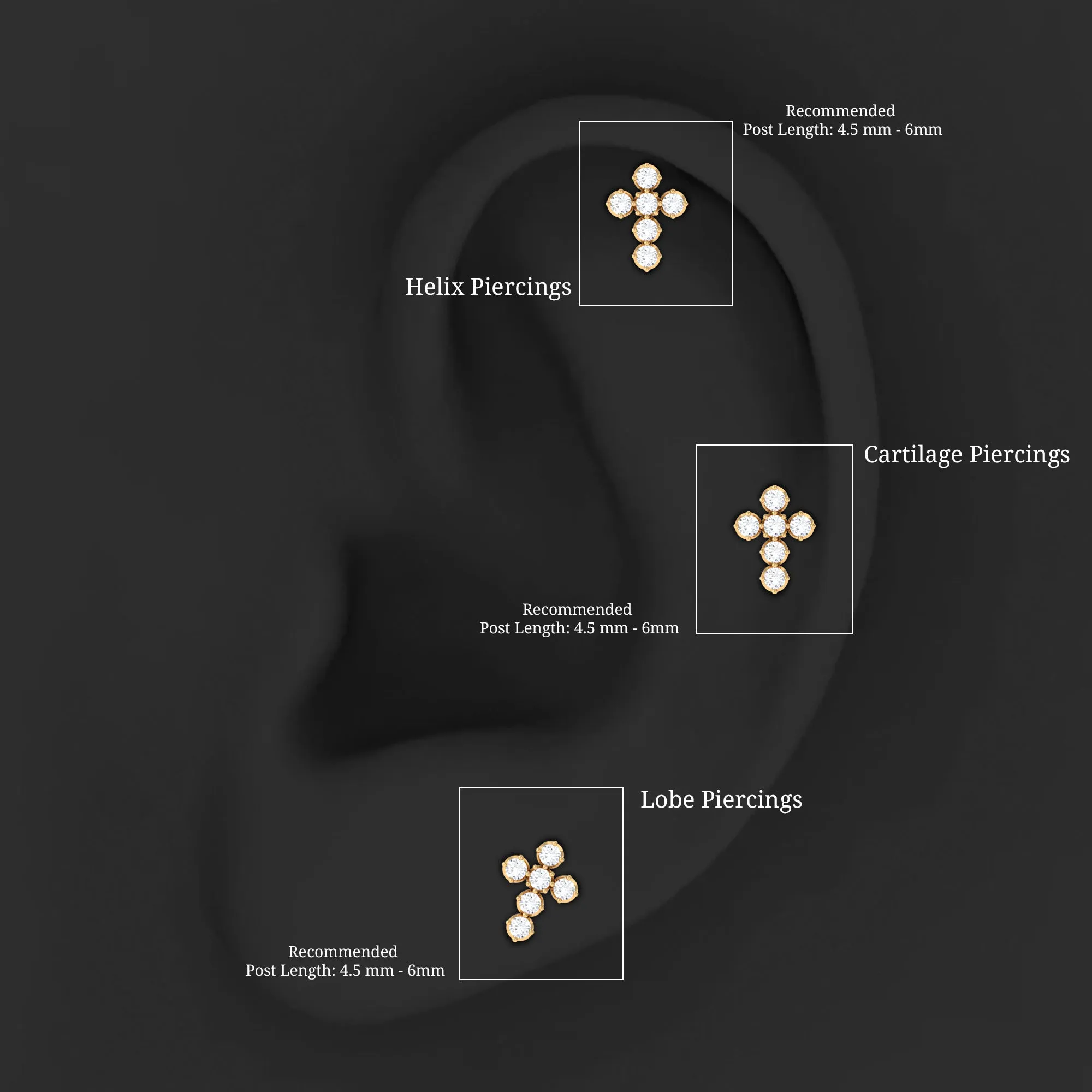 Moissanite Gold Cross Earring for Cartilage Piercing