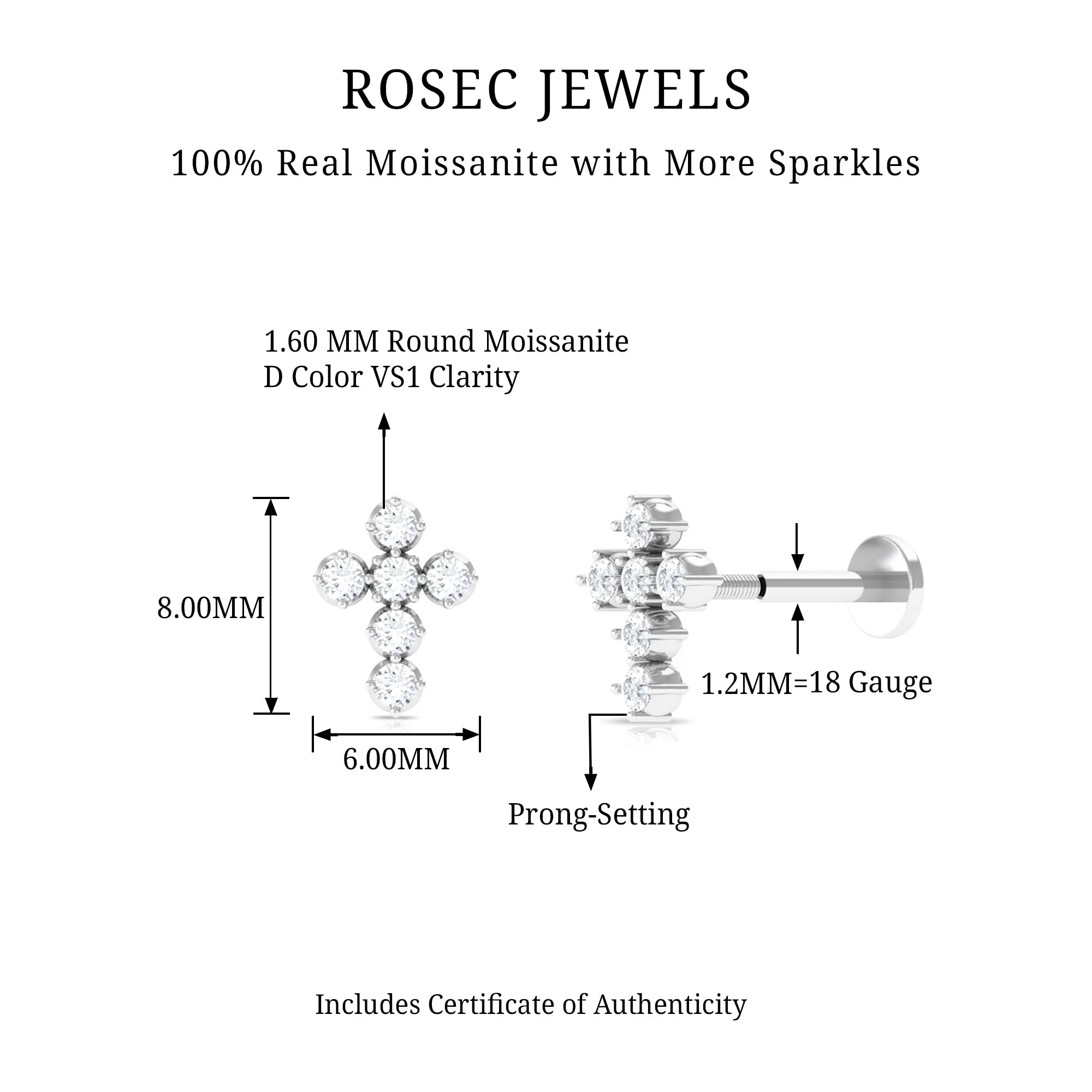 Moissanite Gold Cross Earring for Cartilage Piercing