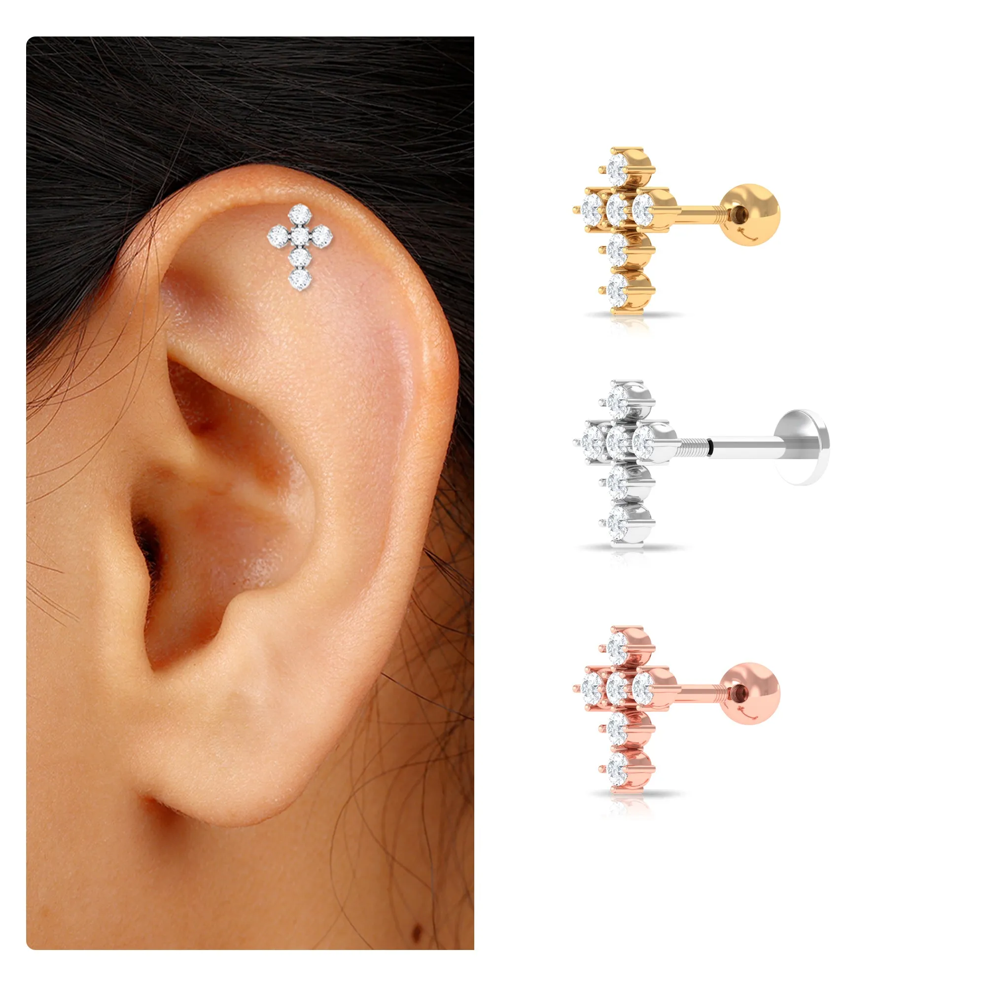 Moissanite Gold Cross Earring for Cartilage Piercing