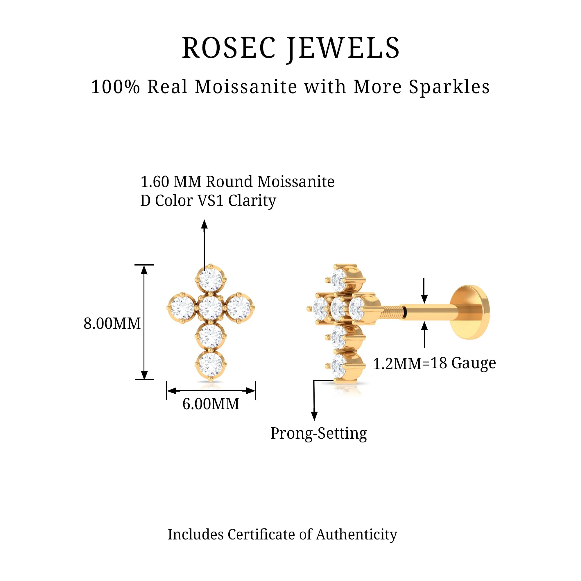 Moissanite Gold Cross Earring for Cartilage Piercing