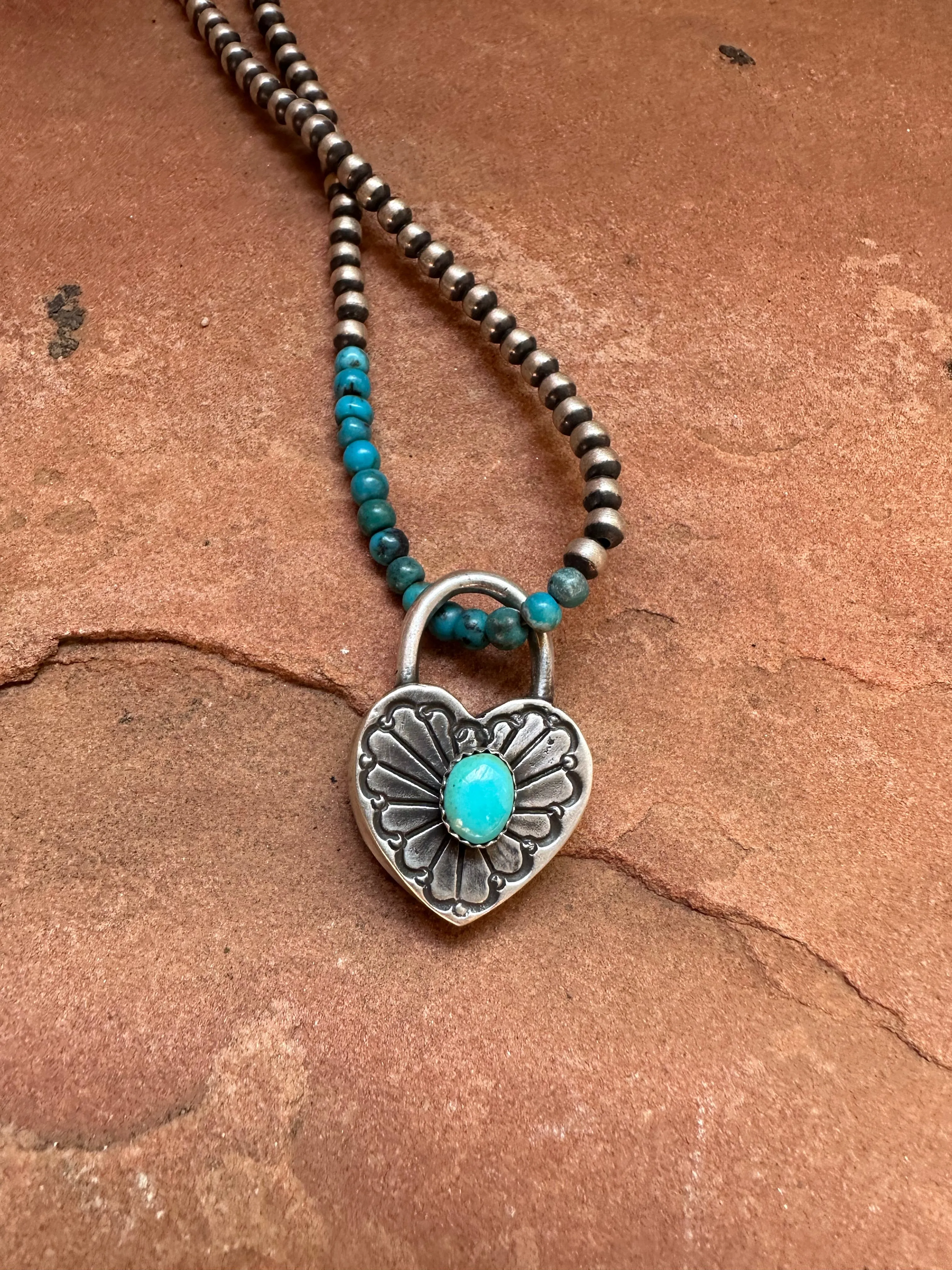 Navajo Turquoise & Sterling Silver Heart Locket Pendant Signed Russell Sam BLUE TONES