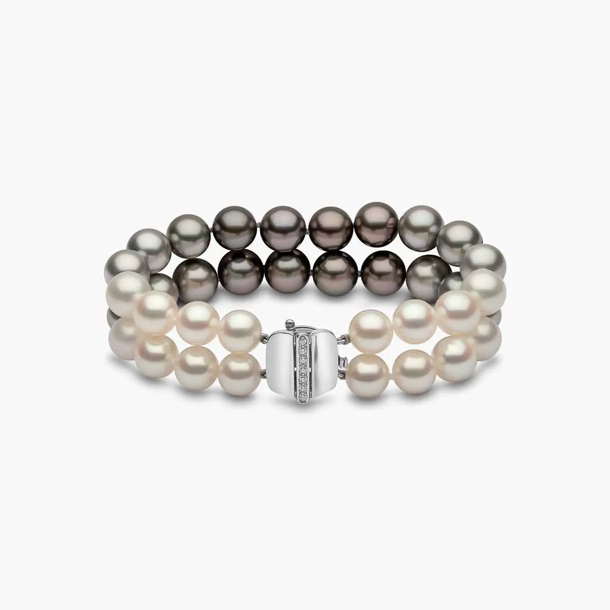 Ombré 18K Gold Two Row Mixed Pearl and Diamond Bracelet