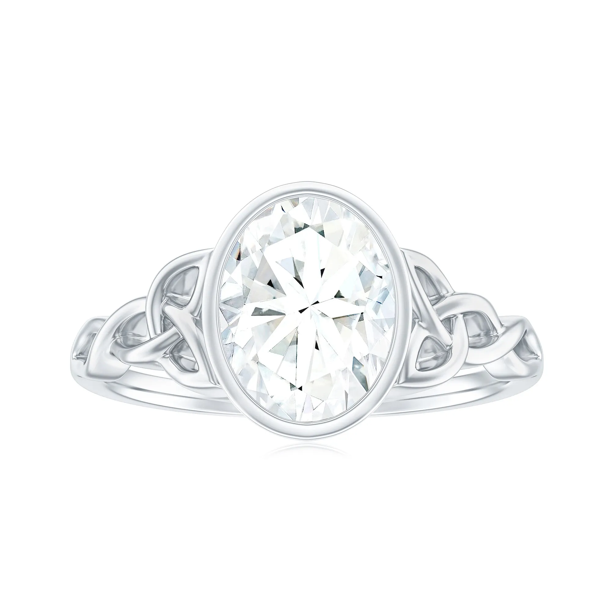 Oval Cut Moissanite Solitaire Celtic Knot Ring in Bezel Setting