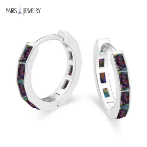 Paris Jewelry 18K White Gold Created Mystic 3Ct Emerald Cut Huggie Hoop Earrings Plated