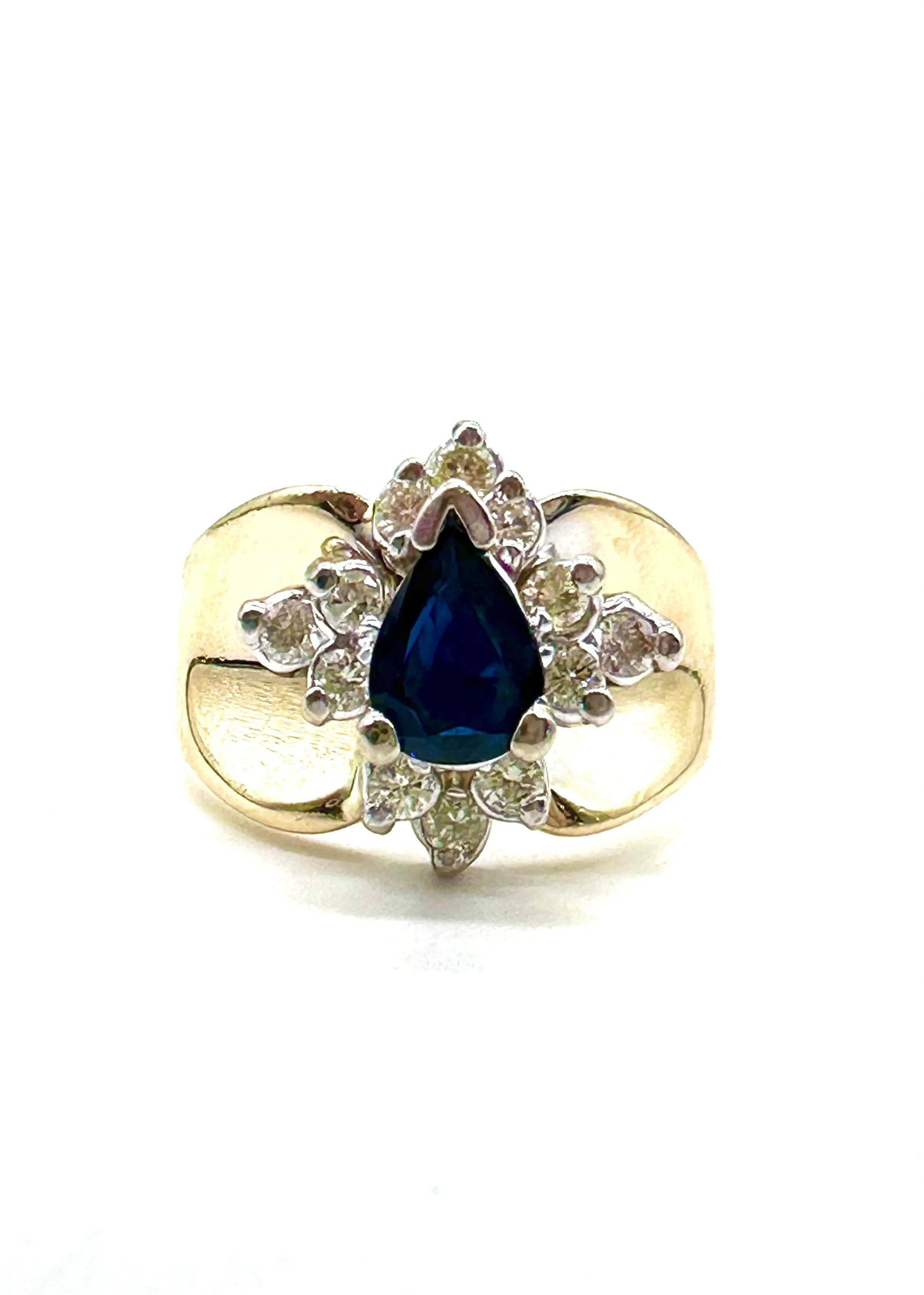 Pear sapphire and diamond wide band ring