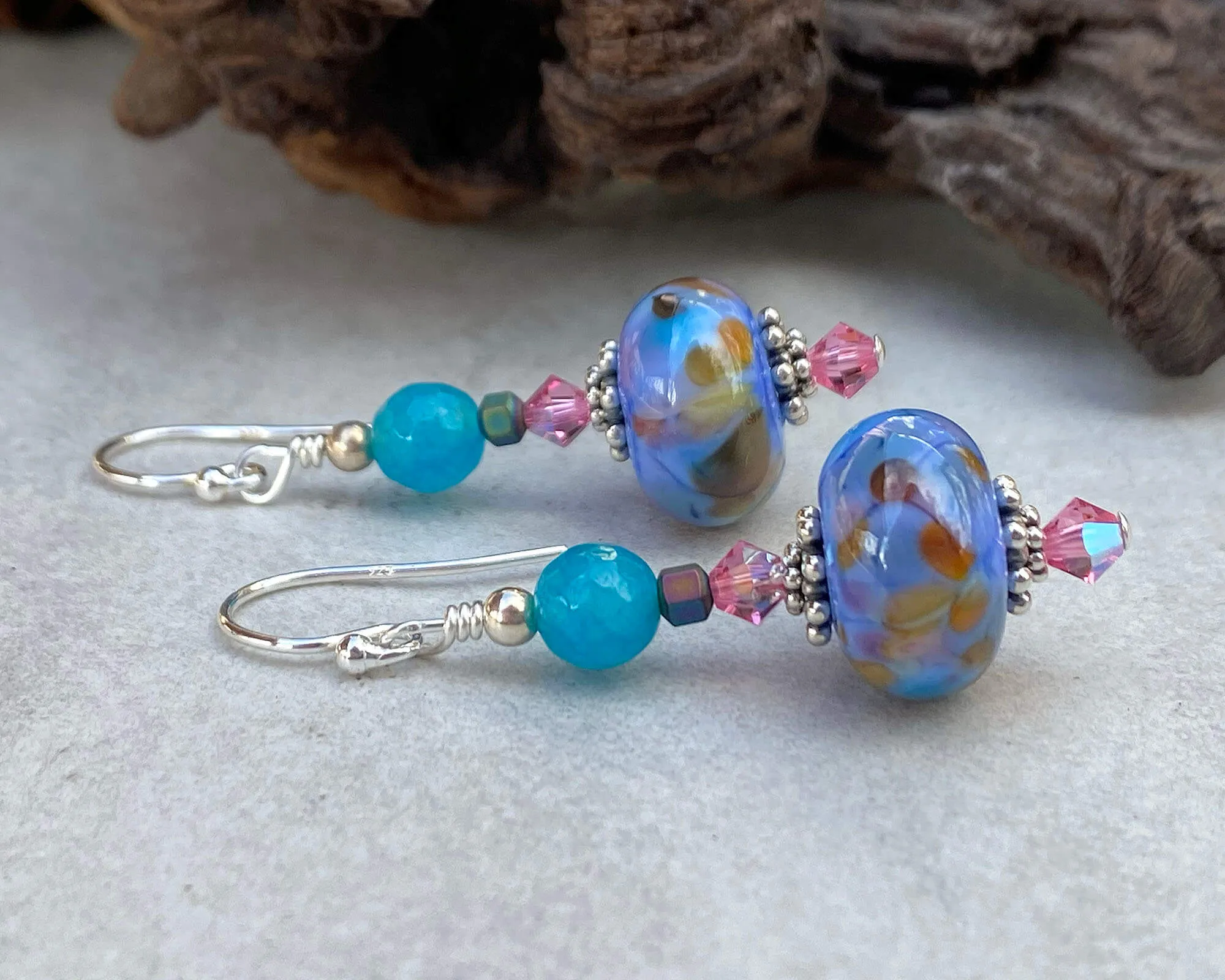 Periwinkle Blue Agate Lampwork Earrings