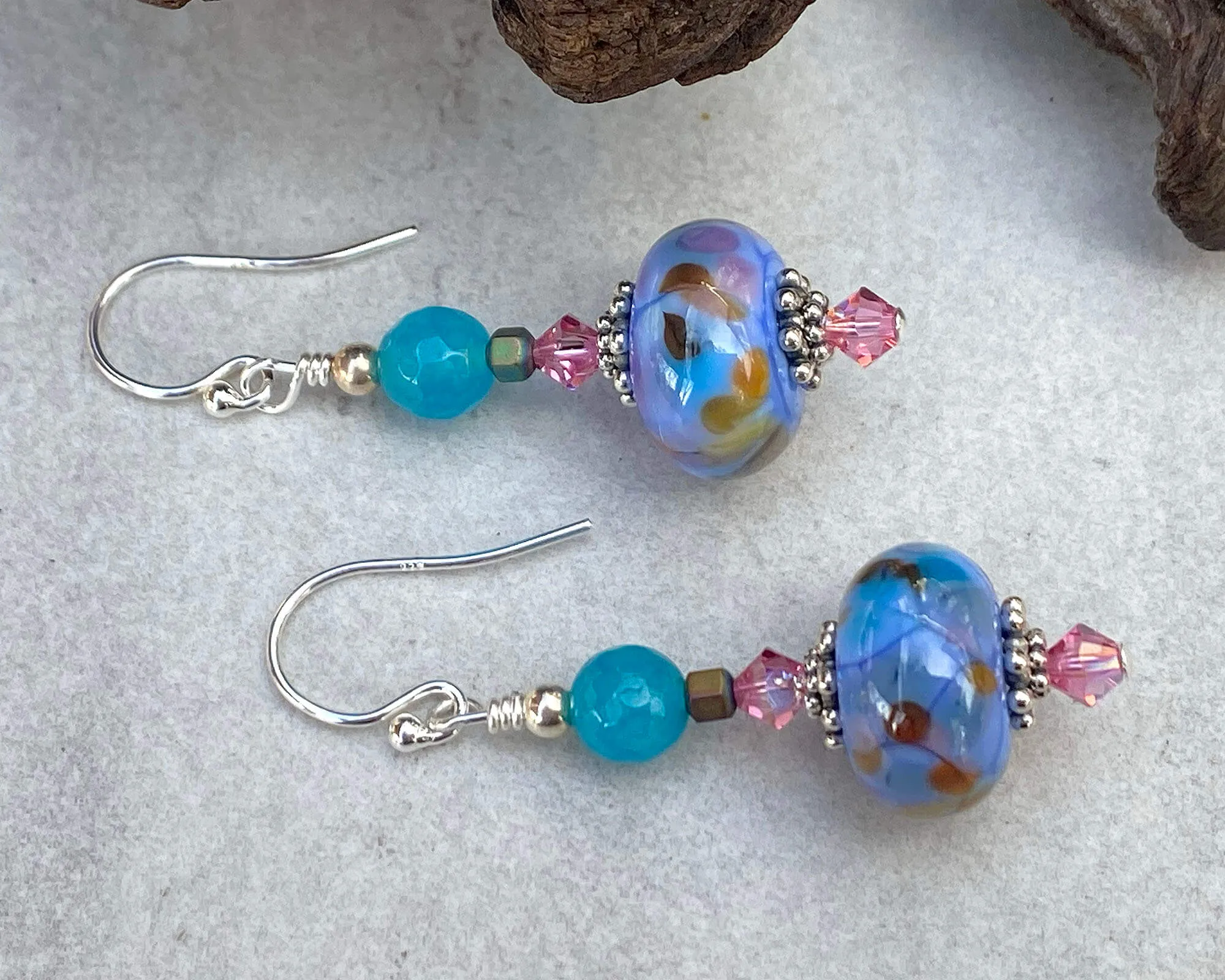 Periwinkle Blue Agate Lampwork Earrings